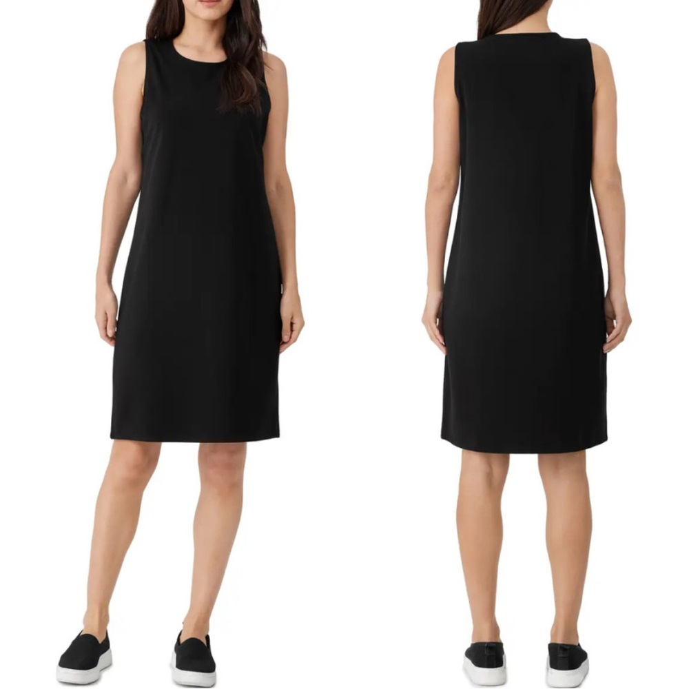 Eileen Fisher Minimalist Neutral Black Sleeveless Tank Stretch Dress Sz L Petite